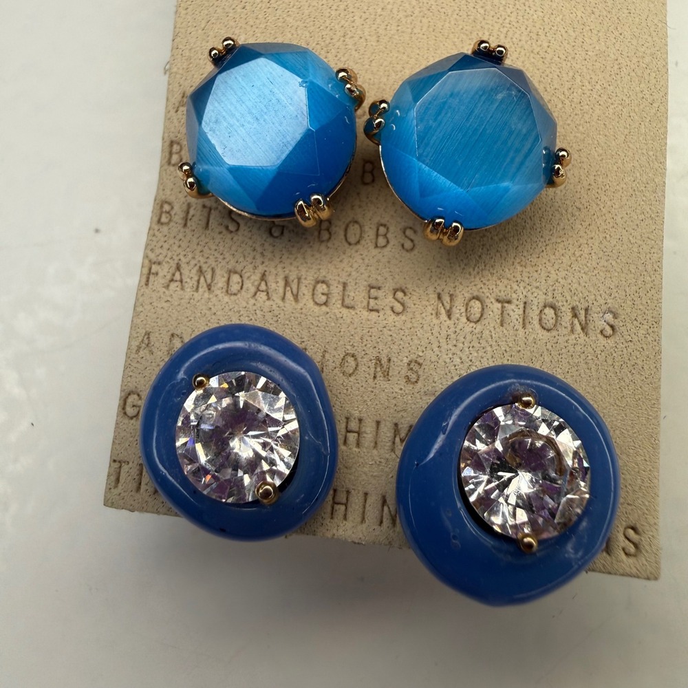 NEW Anthropologie Blue Stud Earrings Set 2 Pairs Gold Tone Crystal Faux Diamonds